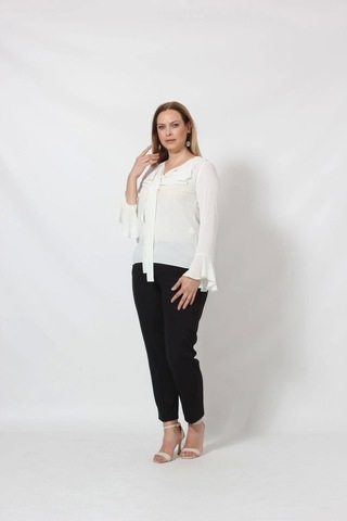 3241-5be Beyaz İspanyol Kol Boyun Bağlama Detaylı Bluz Beyaz