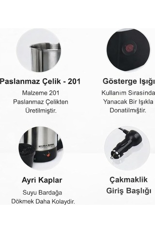 Aksu Emka Home 24v 800ml Araç Kettle Su Isıtıcı Çakmaklık Girişli Paslanmaz Çelik Gösterge Işıklı