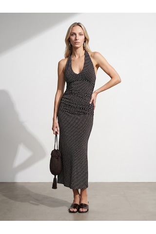 DİLVİN 91698 Lyocell Halter Yaka Midi Elbise-koyu Kahve