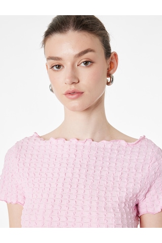 Koton Bürümcük Kumaş Slim Fit Kısa Kollu Omzu Açık Kayık Yaka Bluz Pembe 6sak10364ek Gül