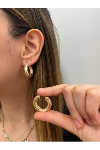 Altın Nesil - 14 Ayar Altın Kalın Çizgi Detaylı Halka Küpe Altın - Beyaz Altın