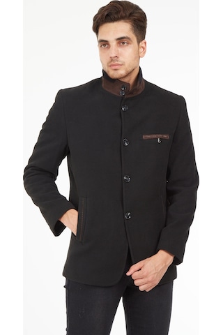 Sposo 1727 Hakim Yaka Düğmeli Yün Kaşe Siyah Erkek Kaban