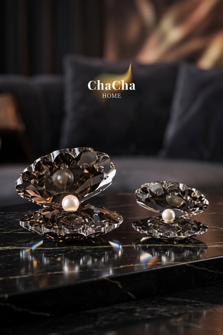 Chacha Home Oceana Pearl 2'li Kristal İncili İstiridye Obje Seti 9x7 Cm & 7x5 Cm - Lüks Cam Dekoratif Masa Üstü Biblo Füme