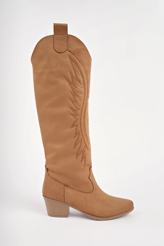 Muggo Rodeo Dikiş Detaylı Kalın Topuklu Kovboy Kadın Çizme TABA SÜET