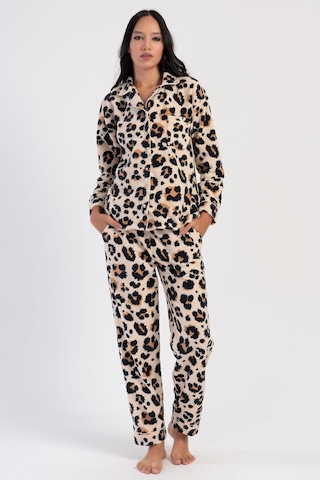 Kadın Uzun Kol Polar Önden Düğmeli Leopar Bej Pijama Takım C7t6n0o304 001