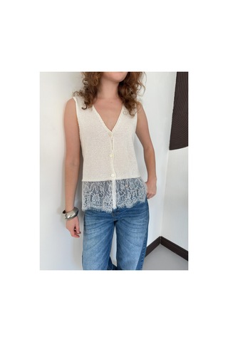Verymoda V Yaka Dantel Detaylı Triko Bluz S1009003 Krem