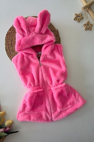 Miniğimin Cicileri Kulak Detaylı Peluş Cepli Çocuk Yelek - Pembe Pembe