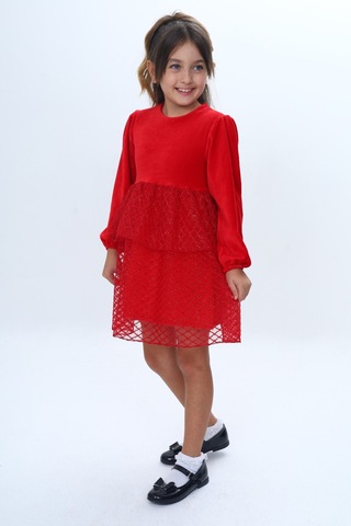 Toontoy Kız Çocuk Kadife Kat Kat Fırfır Detaylı Elbise Kırmızı