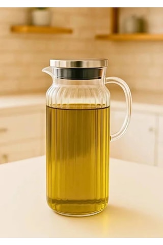 Mermer Stantl Cam Yağlık-sirkelik-sütlük 1500 Ml 2 Adet Çelik Vakumlu Kapak Borosilikat Sürahi- Şeffaf