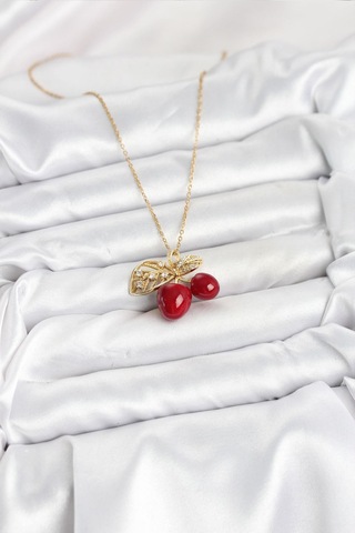316l Çelik Zincir Yapraklı Kiraz Model Gold Renk Kadın Kolye - Prt3500eb09336-95258 altın