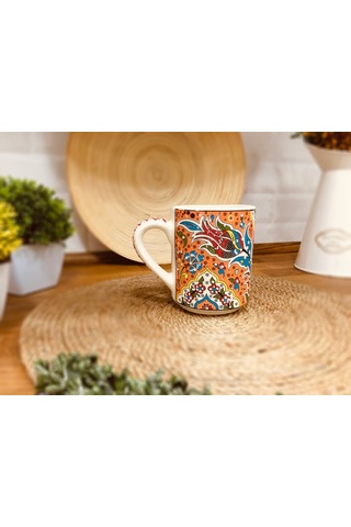 El Yapımı Seramik Kupa Organik Boya Lale Figürü Turuncu