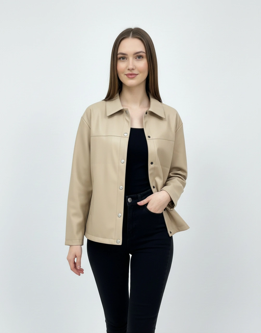 Kadın Çıtçıt Düğmeli - Suni Deri - Ceket -günlük Kullanım - Blazer Gömlek Yaka - Çift Cepli Koyu Bej