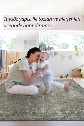 Foldy Eskitme Desenli Dokuma Taban Dekoratif Kül Yeşili Halı Fl 56 Yeşil 2