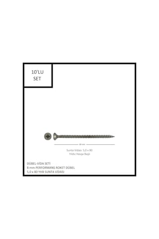Dübel-vida Seti, Performans Roket Dübel 8 Mm, 5,0x80 Yhb Sunta Vidası, 10 Adet