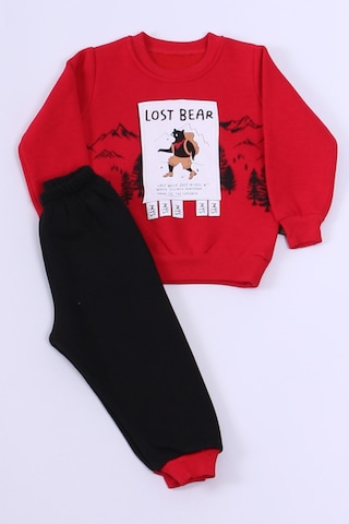 Erkek Bebek 3 İplik Eşofman Takımı Ayıcık Baskılı A40 Kırmızı