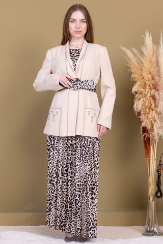 Leopar Desenli Ceketli Üçlü Takım 4715-bej Bej