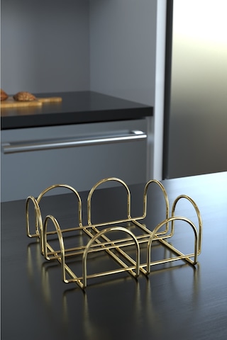 Karteya Paslanmaz Gold Servis Sunum Seti Ekmeklik Ekmek Sepeti Mutfak Havluluk Peçetelik Nihale 4 Parça Gold