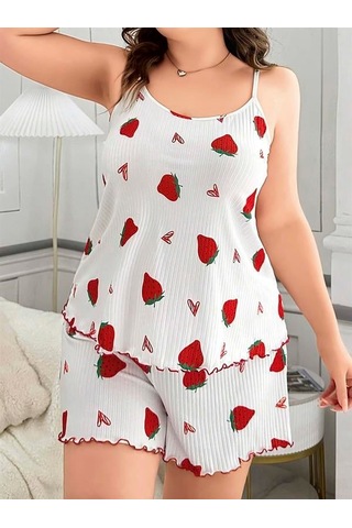 Gizers Giyim Büyük Beden Çilek Desen Pamuklu Şortlu Pijama Takımı Beyaz