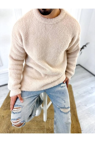 Elku Moda Kazak Oversize Tüylenmez Polar Kazak Bol Kesim Naturel Pamuk Rahat Kesim Salaş Peluş Kazak Krem