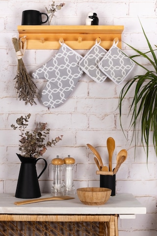 3'lü Fırın Eldiveni Ve Tencere Tutacak Mutfak Seti & 220 Derece Isıya Dayanıklıgri Zincir