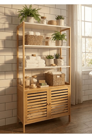 Bambu Çok Amaçlı Raflı Banyo Düzenleyici 2 Kapaklı Dolap Bej