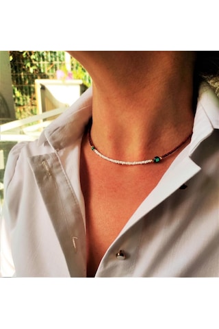 GOLD KAPLAMA TURKUAZ VE HEMATİT TAŞI KAHVERENGİ BONCUK KOLYE-KOL127 Çok Renkli