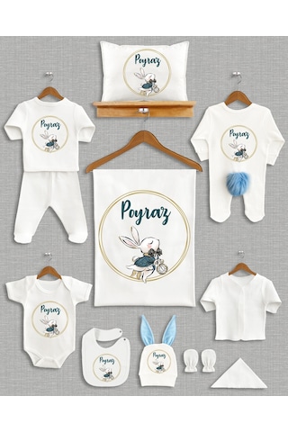 Bebeqon Ponponlu Tavşan İsme Özel 11 Parça Hastane Çıkışı Seti Ekru