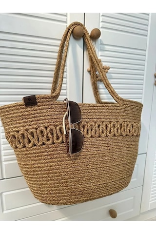Doğal Hasır Jüt El Örmesi Bayan Çanta-bej Kırçıllı Trikotlu Bej