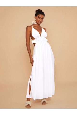 Fashion Cocktail İp Bağlama Askılı Yan Dekolteli Bağcık Fiyonk Pamuklu Maxi Uzun Tatil Beach Yazlık Elbise Beyaz