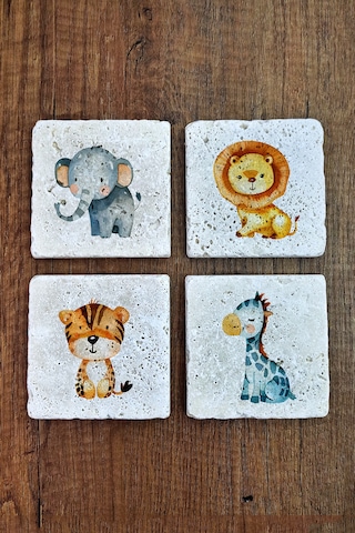 Çizgi Hayvan Animasyon Temalı Doğal Taş Bardak Altlığı - Stone Coasters Çok Renkli