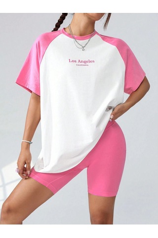 Los Angeles Parçalı Süprem T-shirt - Pembe Beyaz Baskılı Oversize Bisiklet Yaka Kısa Kol Tişört Beyaz-pembe