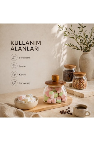Doğal Akasya Ahşap Kapaklı Vakumlu Cam Kavanoz 500 Ml, Dekoratif Erzak Saklama Kabı, Kahve Kuruyemiş Şekerleme Ve Çok Renkli