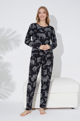 Siyah İnci Siyah Leopar Baskılı Örme Pijama Takım 7613
