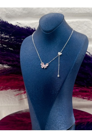 925 Ayar Gümüş Pembe Mineli Özel Tasarım Zarif Kadın Kolye Gümüş