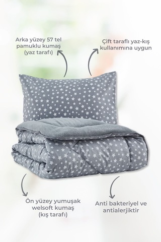 Star Desenli Tek Kişilik Çift Taraflı Wellsoft Yorgan Seti - Gri - 155x215