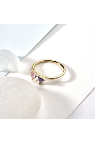 14 Ayar Altın Kaplama Kalp Ve Üçgen Renkli Taşlı Yüzük - Rs00113 Altın