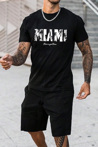 Uyguntarz Unisex Miami Baskılı Şort Takım Siyah
