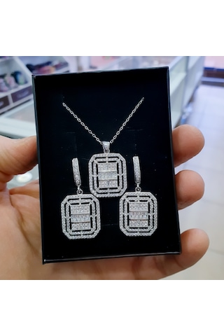 925 Ayar Gümüş Beyaz Taşlı Büyük Boy Baget Kolye Ve Küpe Takı Set