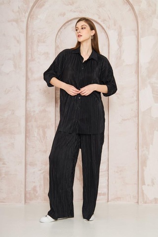 Kadın Pliseli Beli Lastikli Pantolon Tunik Gömlek Ikili Bürümcük Salaş Takım 3573300 Siyah