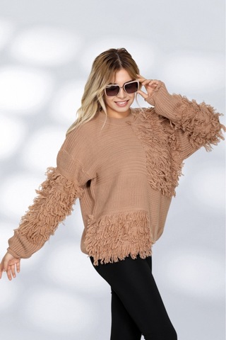Newco Kadın Patchwork Tasarımlı Dokulu Triko Kazak - Oversize Ve Rahat Formlu - Bej Bej