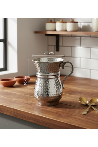 Geleneksel El İşlemesi 300ml Gümüş Renk Bakır Kulplu Maşrapa Ayran Bardağı 7,5cmx10cm Gümüş - Gri