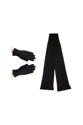 Kadın Siyah Kışlık Termal Polar Eldiven - Polar Atkı 2'li Set Siyah