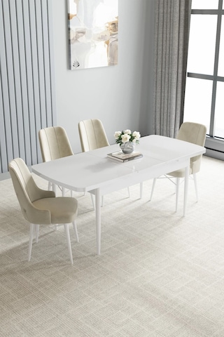 Zümra Serisi, Beyaz 80x132 Açılabilir Mdf Mutfak Masası Takımı 4 Adet Sandalye, Krem