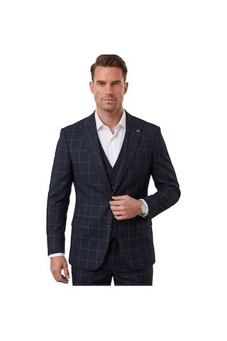 Deepsea Erkek Koyu Lacivert Slim Fit 3 Lü Takım Elbise Yelekli Ekose Desenli Çift Düğme Takım Elbise 2600501