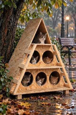 Reyo Sokak Hayvanları İçin 6 Bölmeli Kedi Barınağı, 100x90x55 cm Rüzgar ve Soğuğa Dayanıklı Ahşap Kedi Evi Kedi Yuvası CAT18