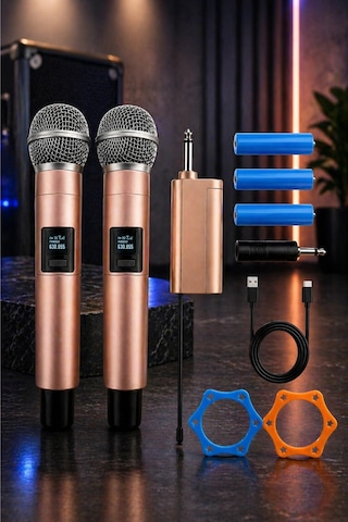 Jrl Wn-11 Profesyonel Çiftli Kablosuz El Mikrofonu Seti - Uhf Bandı Şarj Edilebilir Alıcılı - Rose G