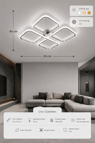 Nuvo Led Plafonyer Avize 3 Renk Kumandalı Gri
