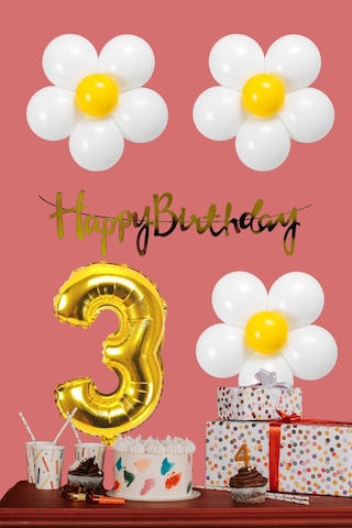 3 Yaş Papatya Temalı Beyaz Sarı Papatya Balon Gold Rakam Gold Banner Doğum Günü Seti Çok Renkli