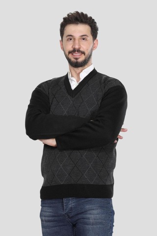 Kzc Tekstil Erkek Baba Orta Yaş Ve Üzeri Triko Örgü Baklava Çizgi Desenli Akrilik Kışlık Baba V Yaka Kazak Siyah