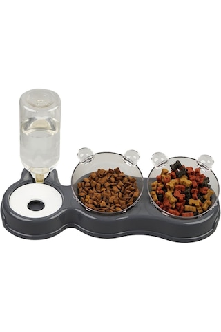 Çift Hazneli- 3' Lü Beslenme Mama Ve Su Kabı Gri 500ml 36 21 16 Cm